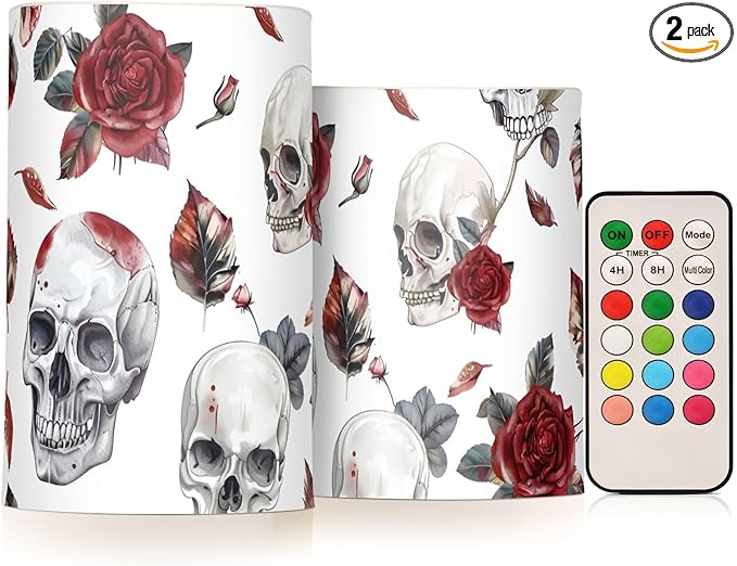 ALAZA Flickering Flameless Candles Rose Skeleton Sugar Skull Battery Operated Candles with Remote Timer LED Pillar Votive Candles Set of 2 for Holiday Decor - sugar skull table lamp