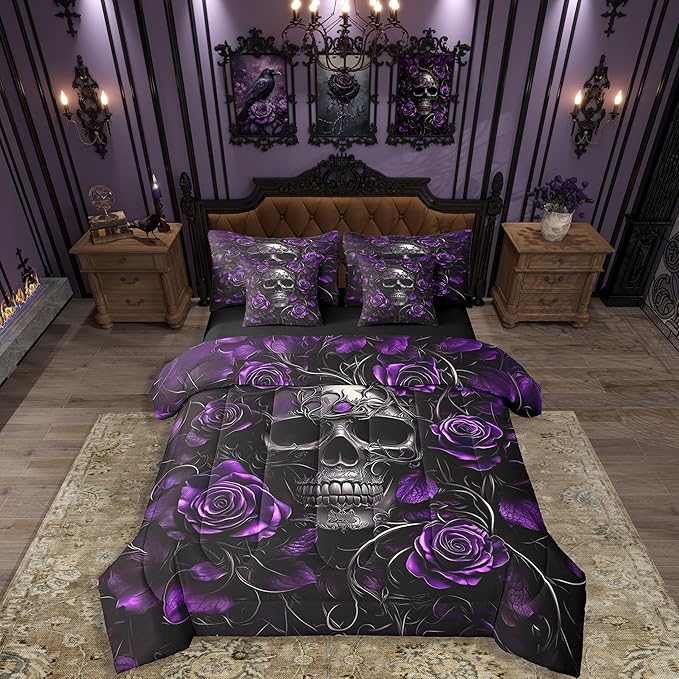 Erosebridal Sugar Skull 7 Pcs Comforter Set Queen,Purple Rose Floral Bedding Set for Kids Boys Girls Teens Adults,Gothic Skeleton Bed in a Bag,Exothic Hippie Horror Bed Sets with Sheet Set - sugar skull bedding set