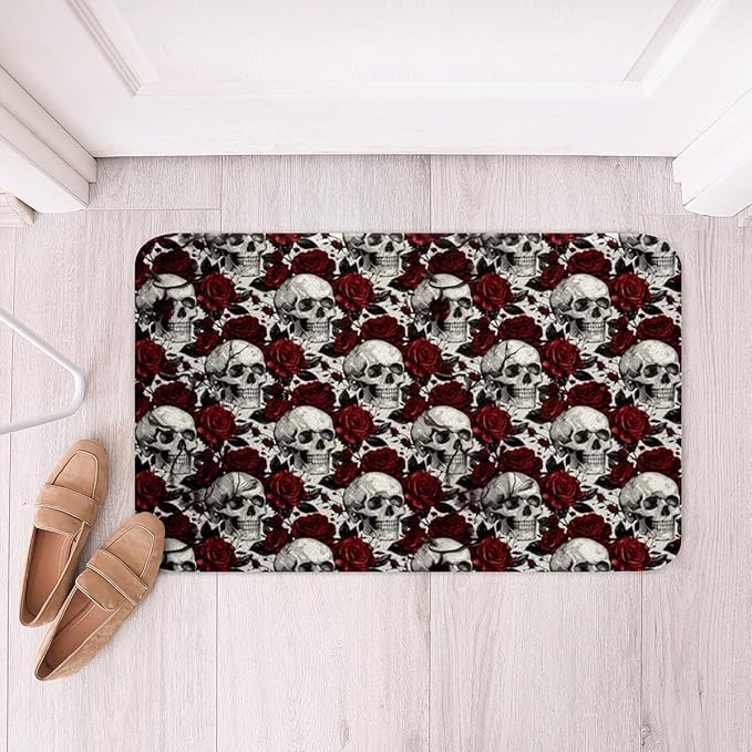 jejeloiu Sugar Skull Bathroom Rugs 20"x32" Gothic Skull Bath Mats for Bathroom for Boys Girls Teens Red Rose Bath Rugs for Shower Tub Women Men Rose Floral Flower Bathroom Accossories - sugar skull toilet mat set