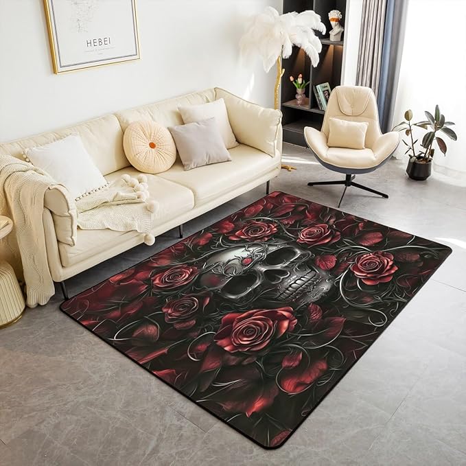 Erosebridal Sugar Skull Area Rug 6'6" x 4'11",Red Rose Floral Carpet for Kids Boys Girls Teens Adults,Gothic Skeleton Indoor Floor Mat,Exothic Hippie Horror Decorative Washable Rug - sugar skull area rug