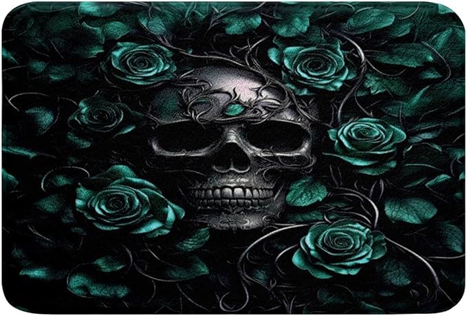 Erosebridal Sugar Skull Bathroom Rugs 20"x 32",Turquoise Rose Floral Bath Mat for Kids Boys Girls Teens Adults,Gothic Skeleton Doormats Floor Mats,Exothic Hippie Horror Non Slip Bath Rug - sugar skull area rug