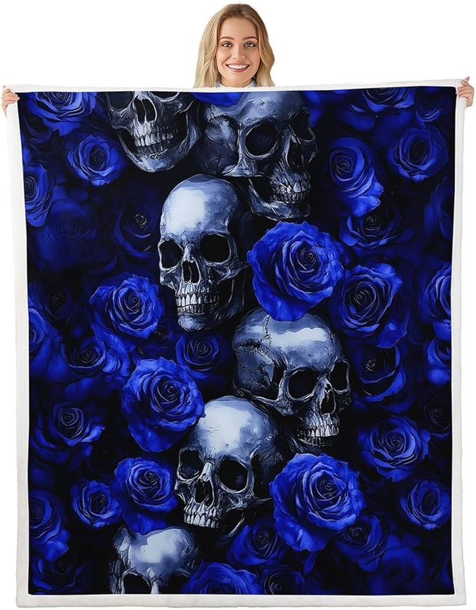 Erosebridal Sugar Skull Blanket for Boys Girls Blue Rose Throw Blanket Nature Floral Decor Fleece Blanket French Style Fuzzy Blanket Romantic Theme Sherpa Blanket 40"x50" - sugar skull throw blanket