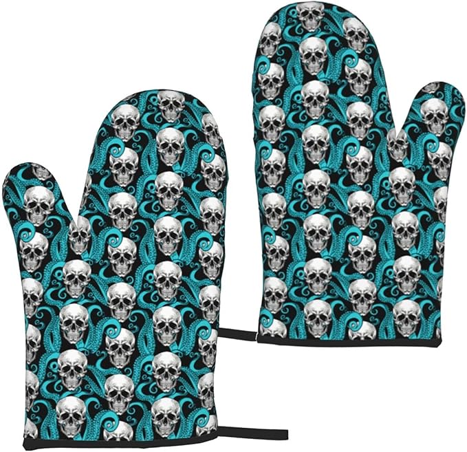 Octopus Blue Kraken Sugar Skull Oven Mitts 1pair Heat Resistant Oven Gloves Microwave Gloves Kitchen Gloves for Cooking Baking Grilling - sugar skull oven mitts
