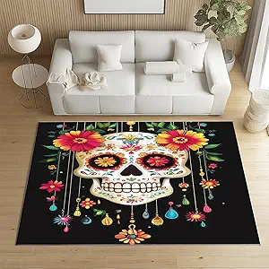 Day of The Dead Rug for Living Room, Mexican Sugar Skull Carpet 7x8 Soft Non Slip, Exotic Floral Skeleton Area Rug, Decor Large Rug, Low Pile Machine Washable Rug for Bedroom, Playroom - sugar skull area rug
