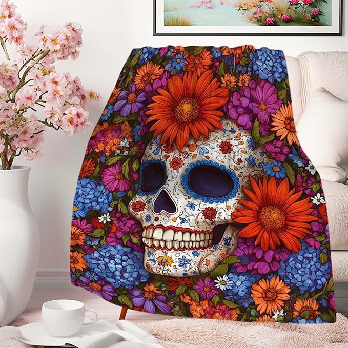 ZwenPdoe Sugar Skull Throw Blanket, Gift for Women and Men, Day of Dead Theme, Lightweight Fleece for Home Decor, Couch and Chair, 50x60 Inches - sugar skull handbags for sale