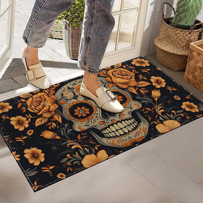 Sugar Skull Indoor Doormat, Non-Woven Fabrics Non Slip Floor Mat 17x29.5 in Area Rug Quick Absorbent Entrance Rug Front Door Mat, Welcome Mats Entryway Rug Doormats for Kitchen Home Bedroom - sugar skull car floor mats