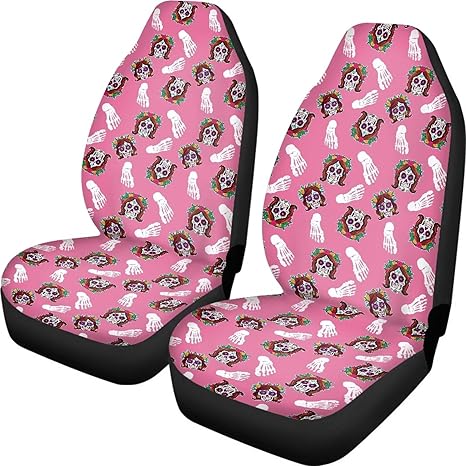 2 Pcs Sugar Skull Foot Skeleton Car Seat Covers Front Seats Only, Female Skulls Wreath Flower Car Seat Covers, Halloween Foot Skeletons Seat Covers Fit Sedans - sugar skull car seat covers set