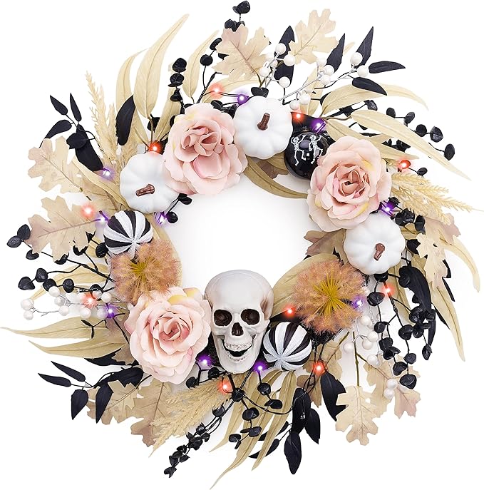Valery Madelyn 18 Inch Halloween Wreath for Front Door with Lights, Pre-Lit Fall White Pumpkin Skull Wreath Pink Roses Halloween Decorations for Home Porch Table Centerpiece Party Holiday Autumn Decor - sugar skull wreath for front door
