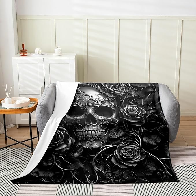 Erosebridal Sugar Skull Blanket 40x50,Gray Rose Floral Throw Blanket for Kids Boys Girls Teens Adults,Gothic Skeleton Fleece Blanket,Exothic Hippie Horror Flannel Blanket for Home Room Decor - sugar skull throw blanket