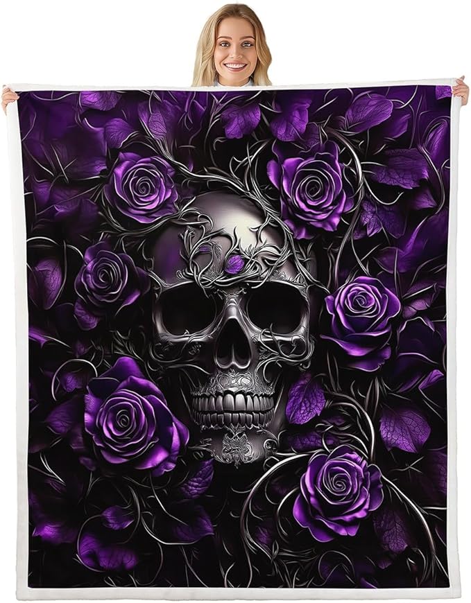 Erosebridal Sugar Skull Blanket 40x50,Purple Rose Floral Throw Blanket for Kids Boys Girls Teens Adults,Gothic Skeleton Fleece Blanket,Exothic Hippie Horror Plush Blanket,Luxury Soft - sugar skull throw blanket