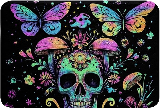 Erosebridal Gothic Skull Door Mat 20"X32",Sugar Skull Bath Mat Non Slip for Kids Boys Girls,Boho Plant Mushroom Bathroom Rug Rainbow Skeleton Flowers Leaves Entrance Rug - sugar skull toilet mat set