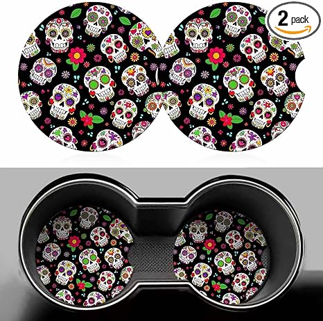 Sugar Skull 2 Pack Car Cup Holder Coaster Anti Slip Insert Absorbent Ceramic Car Coaster with Cork Base and Finger Notch Cute Car Accessories Interior for Women Men - sugar skull coasters set