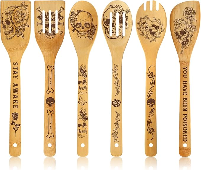 6 Pcs Skull Engraved Bamboo Cooking Utensils Set, Halloween Gifts for Friends, Cool Cooking Spoons Set Gift for Women Men, Birthdays Housewarming Gifts - sugar skull oven mitts
