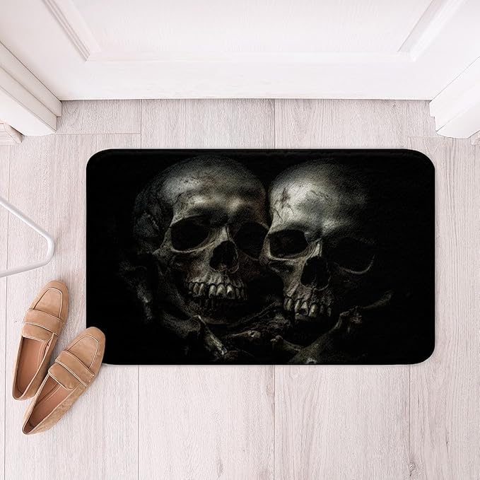 jejeloiu Black Gray Sugar Skull Bathroom Rugs 20"x32" Skeleton Bath Rugs for Shower Tub Bones Bath Mats for Bathroom Non-Slip Boho Bathroom Accossories Gothic Skull Doormats Floor Mat - sugar skull toilet mat set
