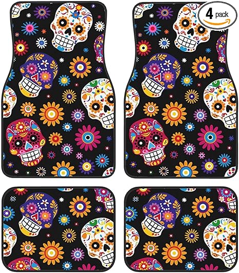Floor Mats for Cars Full Set Sugar Skull Mexican Automotive Car Mats Velvet Floor Mat Carpet Universal Fit for SUV Sedan Car Van - sugar skull car floor mats