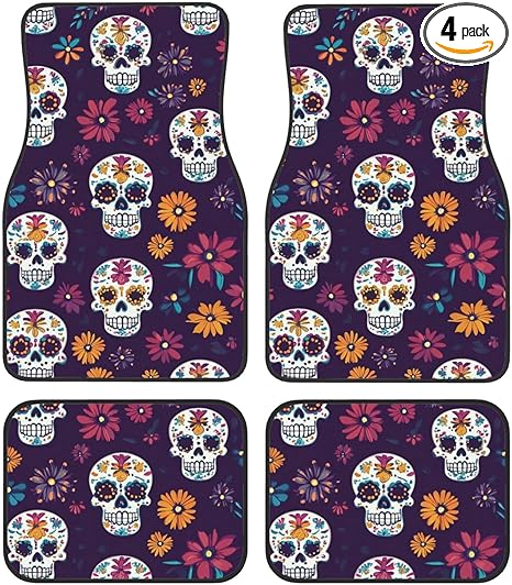 Floor Mats for Cars Full Set Mexican Sugar Skull Flower Automotive Car Mats Velvet Floor Mat Carpet Universal Fit for SUV Sedan Car Van - sugar skull car floor mats