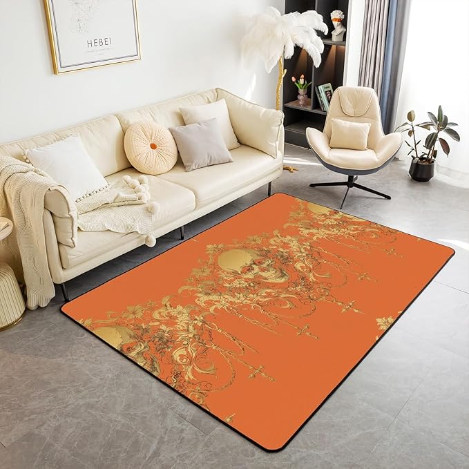 Erosebridal Gothic Area Rug 6'6" x 4'11",Goth Sugar Skull Carpet,Orange Damask Indoor Floor Mat,Bohemian Vintage Floral Decorative Rug Non Shedding,Exotic Antique Victorian Baroque Decor - sugar skull area rug