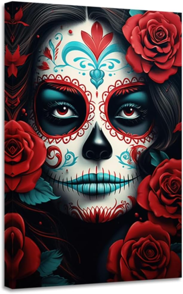 CGXLB Sugar Skull Wall Art Woman Portrait Roses Paint Flowers Poster Halloween Canvas Oil Painting Skulls Girl and Red Roses Mexican Artwork Dark Goth Wall for Living Room Kitchen Decor 12"x18" - sugar skull poster print