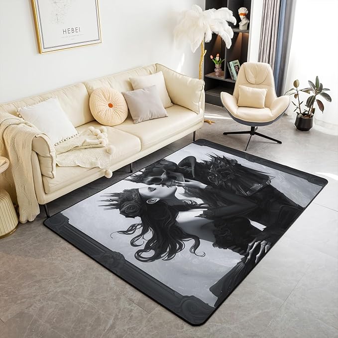 Erosebridal Sugar Skull Area Rug 6'6" x 4'11" for Bedroom Living Room Playroom,Valentine's Day Carpet,Gothic Terror Theme Indoor Floor Mat Non Slip,Skeleton Couple Lover Decorative Rug - sugar skull area rug
