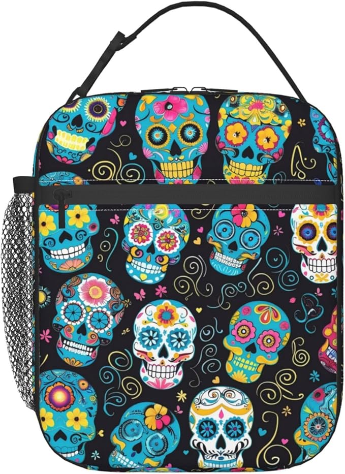 ainori Reusable Colorful Sugar Skull Lunch Box for Kids Girls Boys Women Adult, Insulated Day of The Dead Lunch Bag,Polyester Cooler Handbags Case for School Picnic Work Travel Beach or Hiking - sugar skull handbags for sale