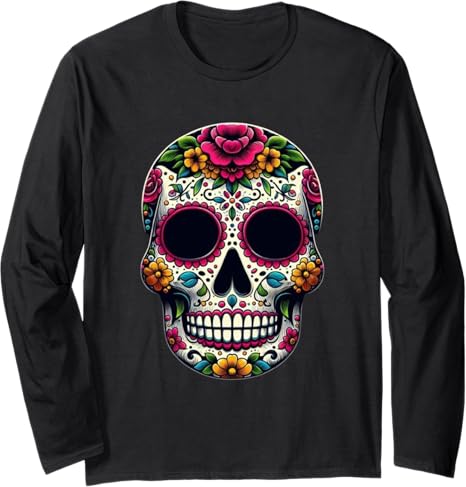 Floral Sugar Skull Rose Flowers Mycologist Gothic - sugar skull long sleeve shirt mens