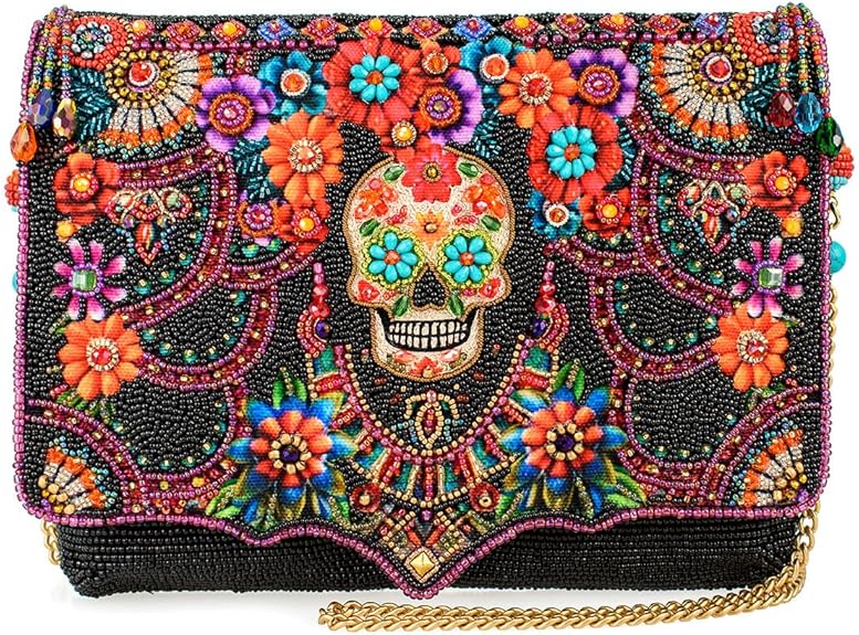 Fiesta Flair Beaded Crossbody Handbag Sugar Skull Clutch Colorful Vegan Novelty Bag with Removable Chain Strap, Black - sugar skull handbags for sale
