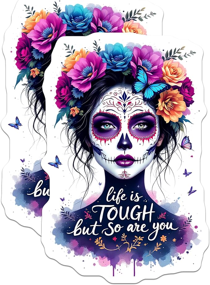 (2 Pack) Day of The Dead Stickers - Inspirational Quotes Stickers - Sugar Skull Art Stickers - 5" On Longest Side - Sticks to Smooth Flat Surfaces - Made in USA - BMCS4637 - sugar skull vinyl sticker