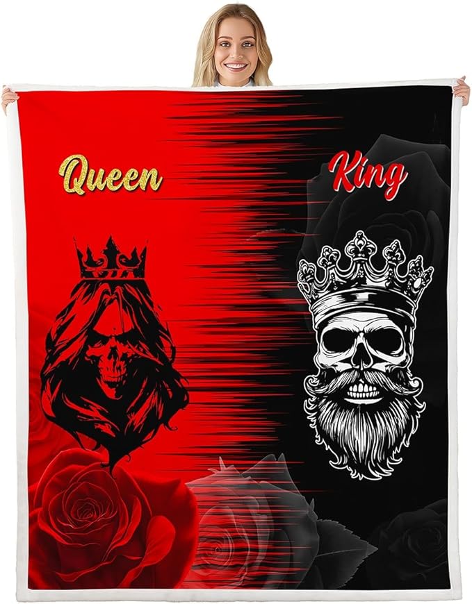Sugar Skull Blanket King and Queen Crown Throw Blanket Red Rose Floral Fleece Blanket Valentine's Day Fuzzy Blanket for Adult Women Couple Wedding Sherpa Blanket 40"x50" - sugar skull throw blanket