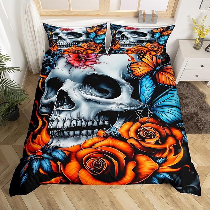 Erosebridal Sugar Skull Bedding Sets Full Size Gothic Skull Duvet Cover Blue Butterfly Comforter Cover Orange Floral Bedspread Cover for Adult Women Western Farmhouse Beddings - sugar skull bedding set