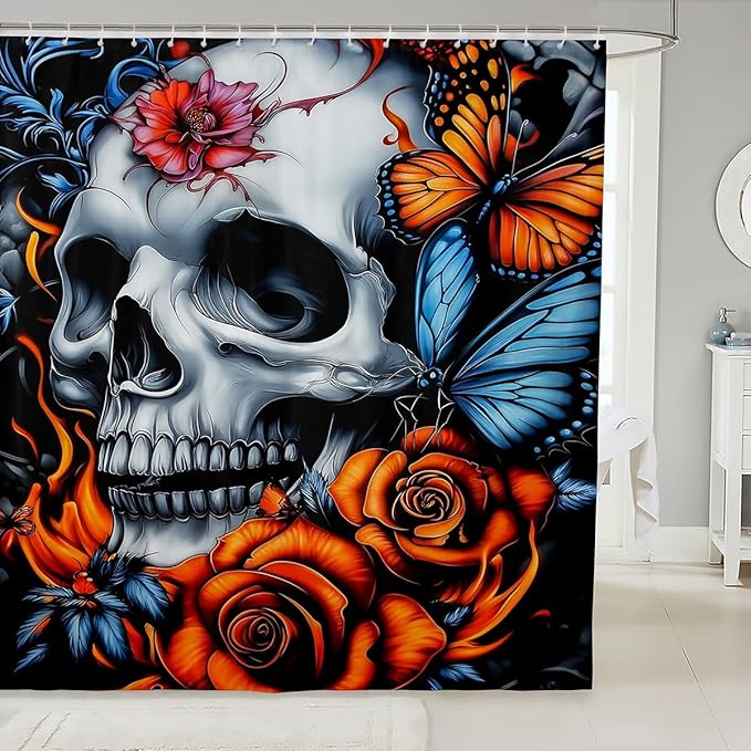 Erosebridal Sugar Skull Shower Curtain Gothic Skull Bath Curtain Blue Butterfly Bathroom Decor Orange Floral Waterproof Curtain for Adult Women Western Farmhouse Curtains,72" W x 72" L - sugar skull shower curtain set