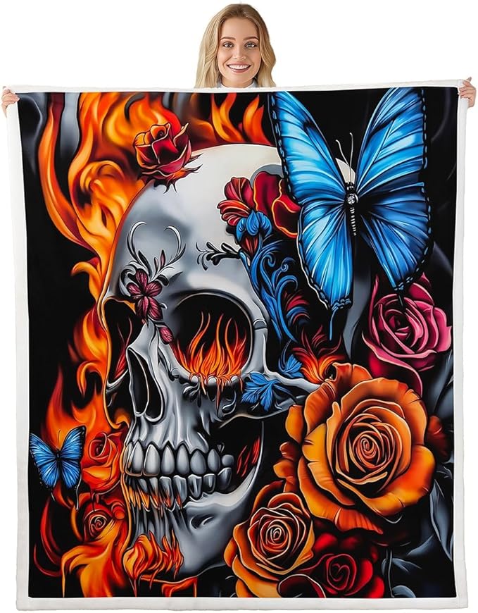 Erosebridal Sugar Skull Blanket Blue Butterfly Throw Blanket for Adult Women Orange Floral Flame Print Fleece Blanket Gothic Style Fuzzy Blanket Western Farmhouse Sherpa Blanket 40"x50" - sugar skull throw blanket