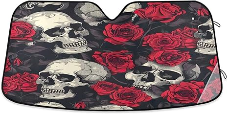 Kigai Front Windshield Sun Shade Skull and Roses Folding Sun Shield Shade, Blocks UV Ray to Keep Your Vehicle CoolSun Visor Protector for Fits Car Truck SUV 55"x27.6" - sugar skull car sunshade for windshield