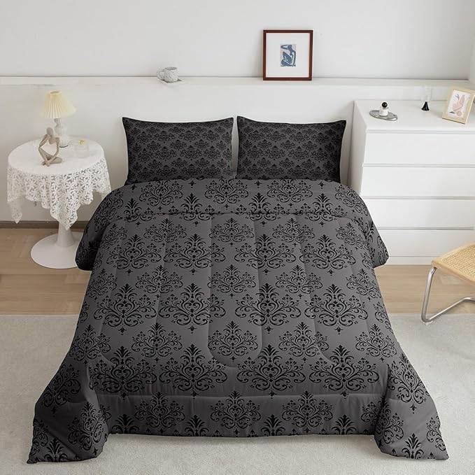 Feelyou Adults Black Gray Vintage Damask Floral Comforter Set Oriental Antique Comforter Queen Size Gothic Bohemia Boho Bedding Set Exotic Sugar Skull Duvet Set Quilt Set 3Pcs - sugar skull bedding set