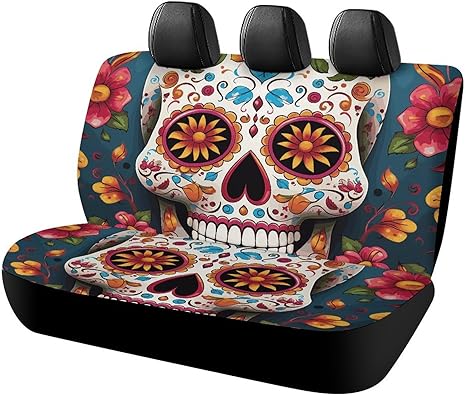 Colorful Sugar Skull Car Seat Cover Car Seat Protectors Car Rear Seat Cover Non-Slip Seat Protection Cars for Jeep Van SUV Pickup Trucks - sugar skull car seat covers set