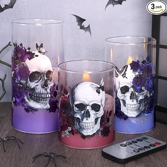 Halloween Glass Flameless Candles Romantic Gothic Skull Floral Battery Operated Remote Timer Flickering LED Pillar Candle for Wedding Party Goth Bathroom Decor - sugar skull table lamp