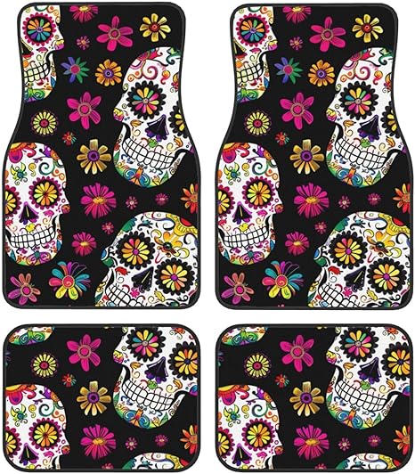 Universal Fit Car Floor Mats, Sugar Skull Halloween Skeleton Floral Day of The Dead Set of 4pcs Car Carpet Fit for SUV, Vans, Sedans, Trucks - sugar skull area rug