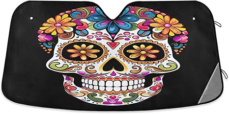 Mexican Sugar Skull Car Sunshade for Windshield Automotive Sun Visor Protector Foldable for SUV Truck Front Window, 55 x 27.6inch - sugar skull car sunshade for windshield