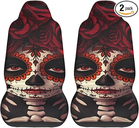 2 Pack Women-Sugar-Skull-Rose Car Seat Covers, Elastic Automotive Seat Slipcovers, Protects Seats from Stains and Pets, Good for Everyday Use - sugar skull car pet seat cover
