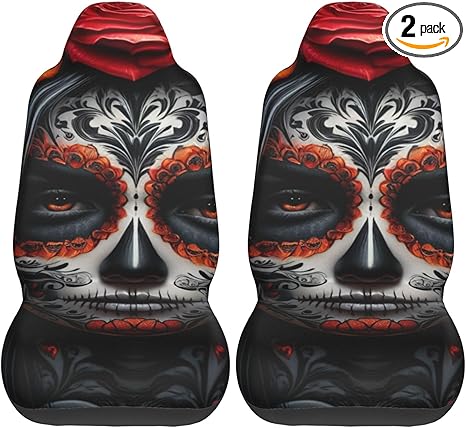 2 Pack Sugar-Skull-Face-Roses Car Seat Covers, Elastic Automotive Seat Slipcovers, Protects Seats from Stains and Pets, Good for Everyday Use - sugar skull car pet seat cover
