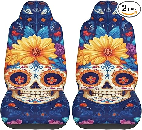 2 Pack Sugar-Skull-Mexico-Marigold Car Seat Covers, Elastic Automotive Seat Slipcovers, Protects Seats from Stains and Pets, Good for Everyday Use - sugar skull car pet seat cover