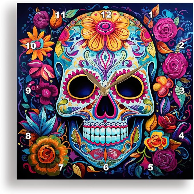 3dRose, A Colorful Sugar Skull Surrounded by Flowers in Graffiti Style., 10x10 Wall Clock - sugar skull wine glass