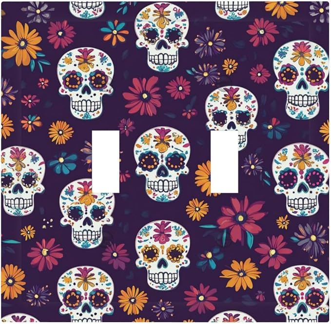 Mexican Sugar Skull Flower Light Switch Cover 2-Gang, Double Toggle Outlet Wall Plate Electrical Plug Cover, Decorative Receptacle Switch Plate 5 x 4.9 Inch - sugar skull plates set