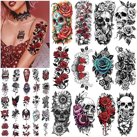 77 Sheets Skull Rose Temporary Tattoos, Lotus Flower Butterfly Half Arm Realistic Fake Tattoos Stickers for Adult Women Men Kids - sugar skull temporary tattoo