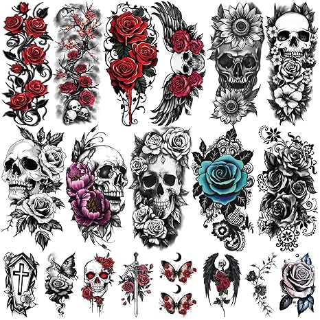 77 Sheets Skull Flower Realistic Temporary Tattoos For Women Men Adult, Large Rose Bones & Flowers Floral Fake Tattoos Girl, Skeleton and Spooky Halloween Temp Tatoo Sticker Thigh Back Leg Body Art - sugar skull temporary tattoo