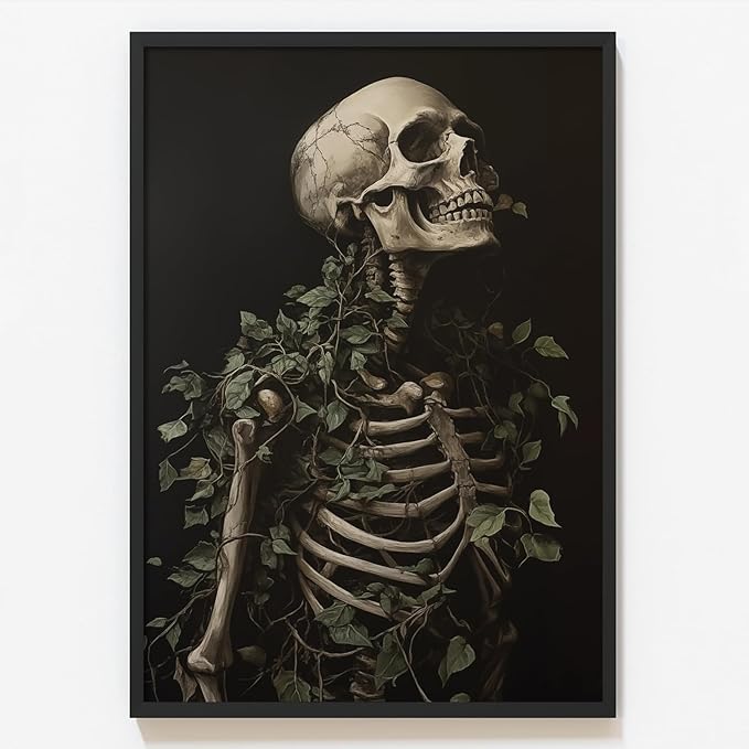 Human Skeleton Wall Art Vintage Skull Painting Dark Academia Prints Moody Botanical Canvas Dark Gothic Paintings Botanical Skull Wall Art Gothic skeleton Decor Picture for Living Room 16x24in Frameless - sugar skull poster print