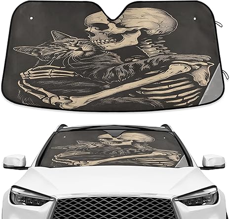 Funny Cat Skeleton Skull Black Windshield Sunshade Car Sun Shade Front Window Shade for Truck SUV Blocks UV Rays Sun Reflector Visor Protector Accordion Folding - sugar skull car sunshade for windshield