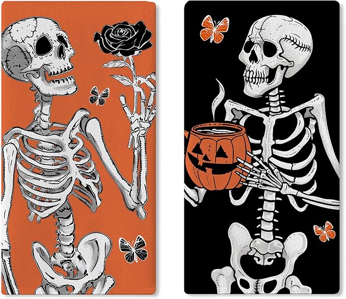 Halloween Gothic Skeleton Kitchen Dish Towels Set of 2, Orange Black Skull Jack O Lantern Pumpkin Drying Hand Towel Baking Cooking Cloth, Funny Rose Butterfly Home Decoration 18 x 26 Inches - sugar skull beach towel