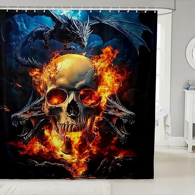 Gothic Sugar Skull Shower Curtain Set Goth Dragon Sci-Fi Pterosaur Bath Curtain 72" Wx72 L,Vintage Jungle Animals Bathroom Accessories Exotic Bone Flame Skeleton Halloween Decor - sugar skull shower curtain set