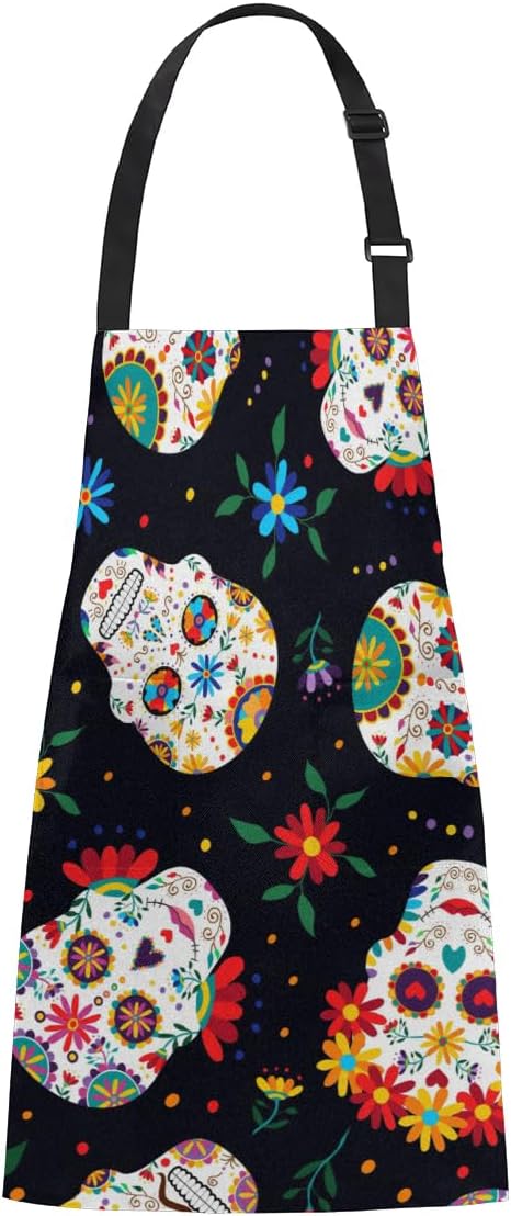 Day Of The Dead Mexican Sugar Skull Apron Adjustable Soft Bib Apron Waterproof Oil Resistant with 2 Pockets Cooking Kitchen Aprons for Women Men Chef Cooking Kitchen Unisex - sugar skull apron for women