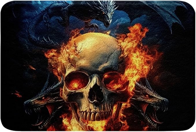 Erosebridal Gothic Sugar Skull Bath Mat Goth Dragon Bathroom Accessories,Sci-Fi Pterosaur Outdoor Rug 16"x24",Vintage Jungle Animals Floor Rug Exotic Bone Flame Skeleton Halloween Decor - sugar skull floor mat